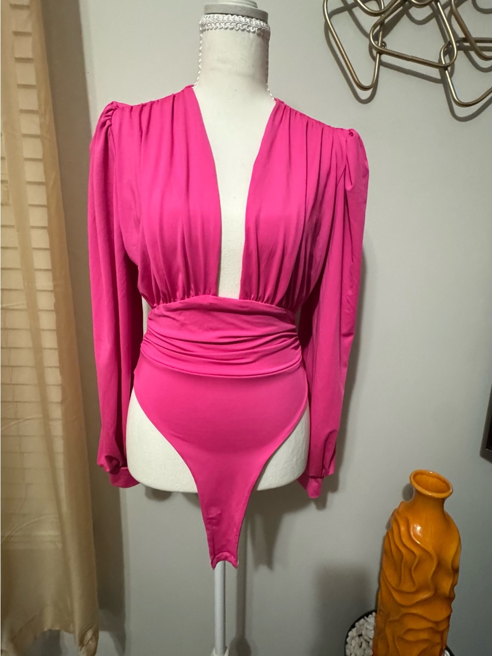 Deep V-Neck Long Sleeve Pink Bodysuit